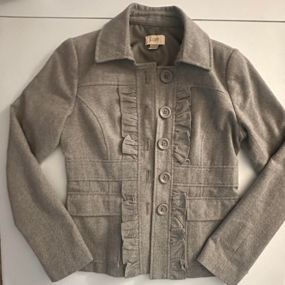 Gray ruffle button up jacket Loft size xs